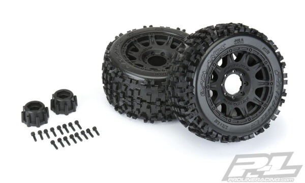 Pro-Line Badlands 3.8" All Terrain Tires Mounted for 17mm MT Front or Rear, Mounted on Raid Black 8x32 Removable Hex 17mm Wheels - Image 3