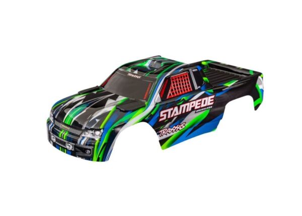TRX3620-GRN.jpg Body, Stampede® (also fits Stampede® VXL), green (painted, decals applied) (assembled with front & rear body mounts for clipless mounting) - Image 1