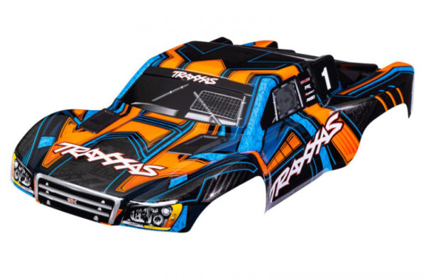 TRX6844-ORNG.jpg Body, Slash® 4X4 (also fits Slash® VXL & Slash® 2WD), orange and blue (painted, decals applied) (assembled with front & rear latches for clipless mounting) - Image 1