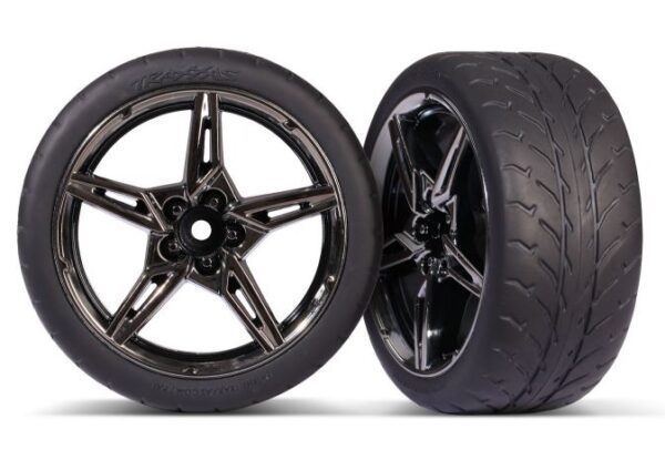TRX9371.jpg Tires and wheels, assembled, glued (split-spoke black chrome wheels, 2.1" Response tires) (extra wide, rear) (2) - Image 1