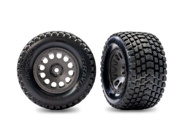 TRX10775-GRAY.jpg Tires & wheels, assembled (charcoal gray wheels, dual profile (2.1" outer, 2.6" inner), Gravix® tires, foam inserts) (rear) (left & right) - Image 1