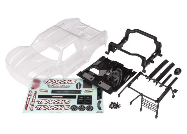 TRX10811.jpg Body, Mini Slash® 4X4 (clear, requires painting)/ window masks/ decal sheet (includes interior, body latch, body support, hardware) (for clipless mounting) - Image 1